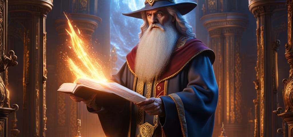 Wizard in medieval building, reading large tome.