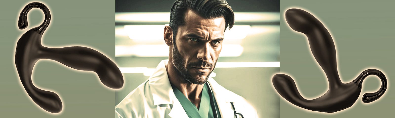 Dr. Emery, the Proctologist, a handsome man with ark well-coiffed hair, wearing a doctor’s coat — Image generated in NightCafeStudio and further altered in Photoshop. Photo filter: Soft Warm.