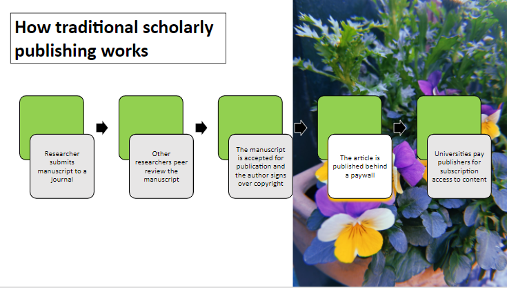 Slide that outlines how traditional scholarly publishing works.