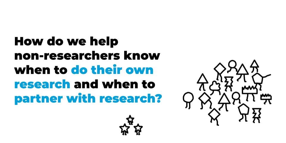 Shapes illustrate question:How do we help non-researchers know when to do their own research & when to partner with research?