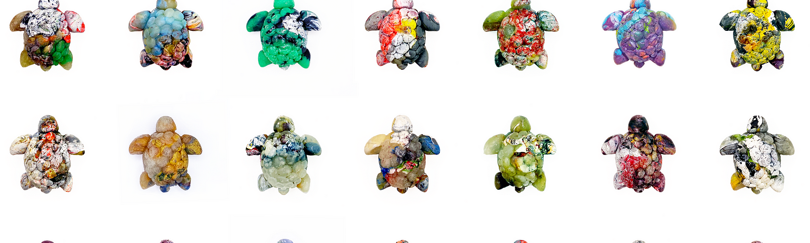 Fifteen colourful turtles made from plastic bags