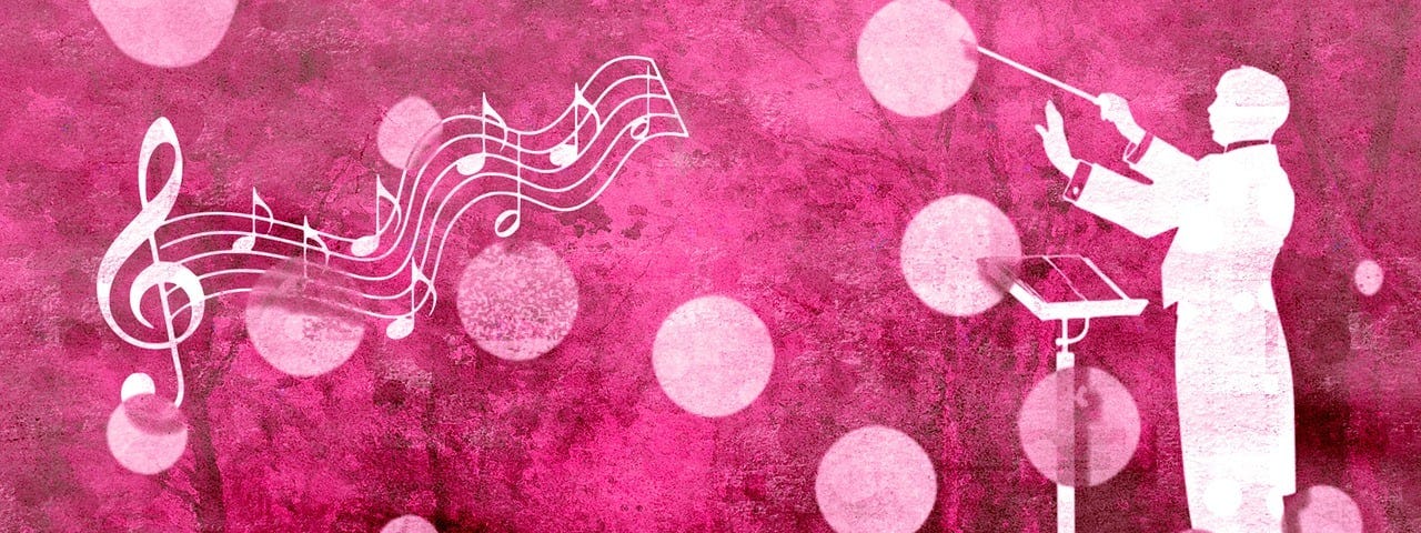 Hot pink background of silhouette of orchestra conducter.