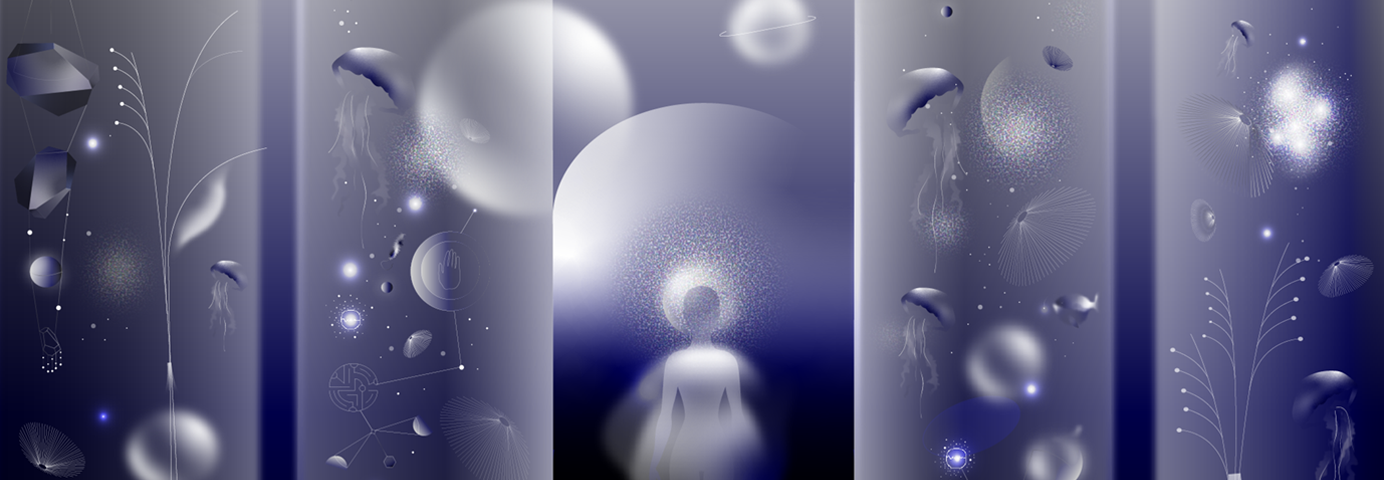 An illustration of a human figure in a creative coding installation with jellyfish