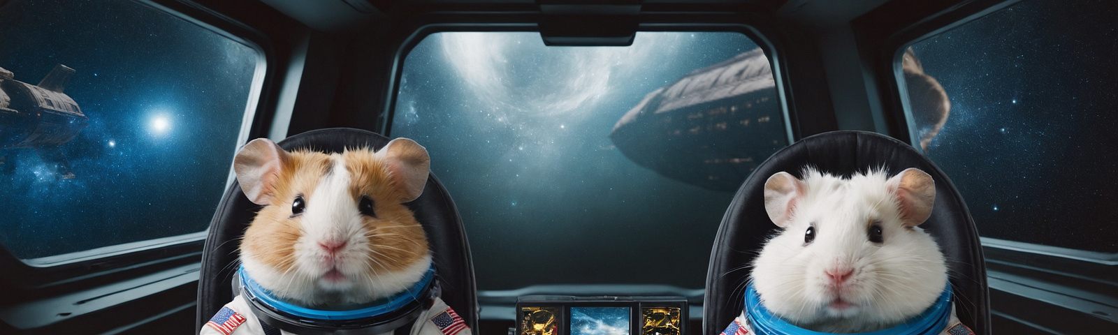 Two hamsters wearing spacesuits aboard a passenger space shuttle