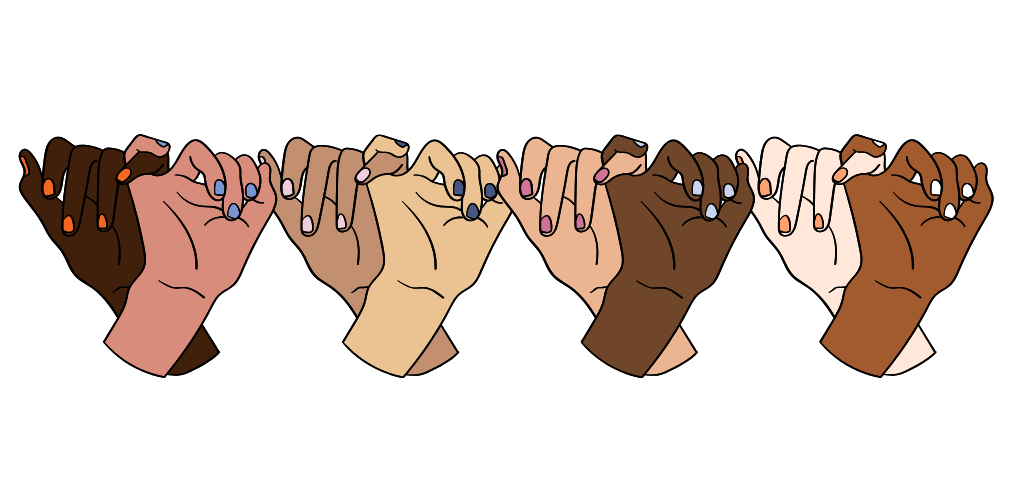 4 pairs of hands in pinky-promise pose. Each is a different skintone, each has nail polish in orange, blue, pink, or white.