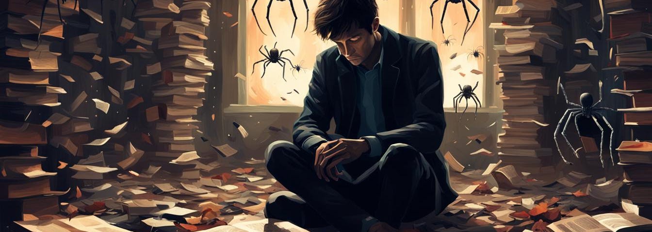 Man sitting contemplatively, in room with old books, reels and spiders