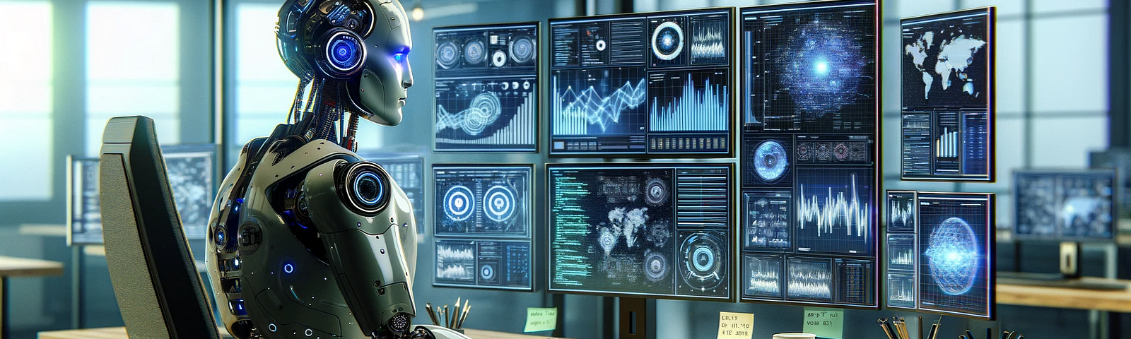 Robot looking at a number of charts and visualizations.