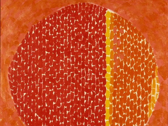 A painting of orange dashes in different shades