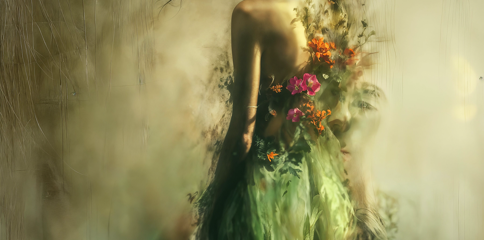 girl with flowers blooming out of her body and dress.