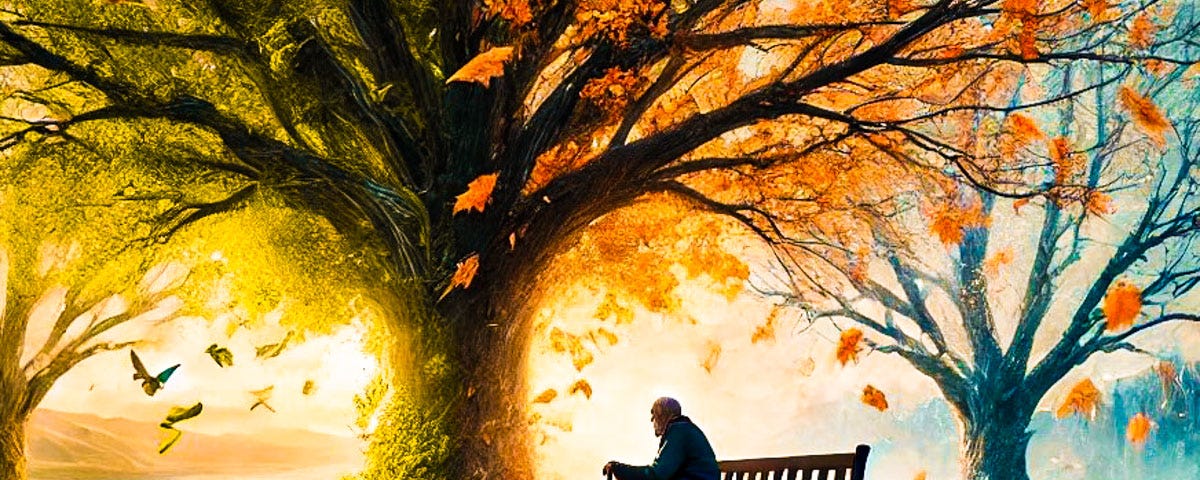 An elderly man sits on a park bench watching the changing color of the trees with the changing of seasons