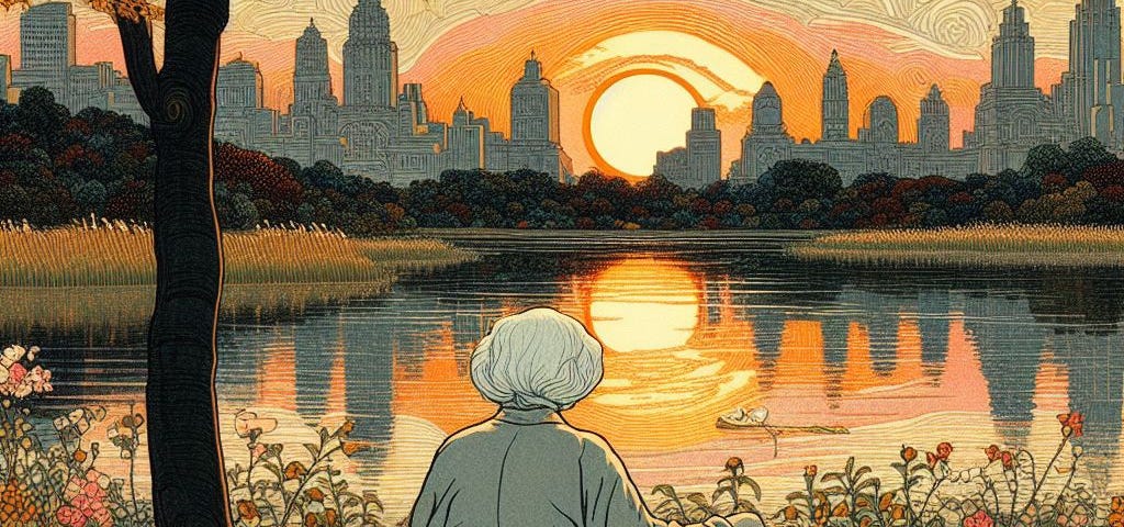 an elderly, white-haired woman, sitting on a bench facing a city park, back to viewer, beautiful sunset, Byzantine Japanese woodblock scene in Viennese secession style, gilded, chromatic, whimsical