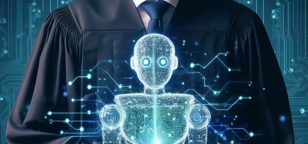 A scholar in traditional academic robes holds an open book. Above the book is a holographic android figure with glowing circuitry.