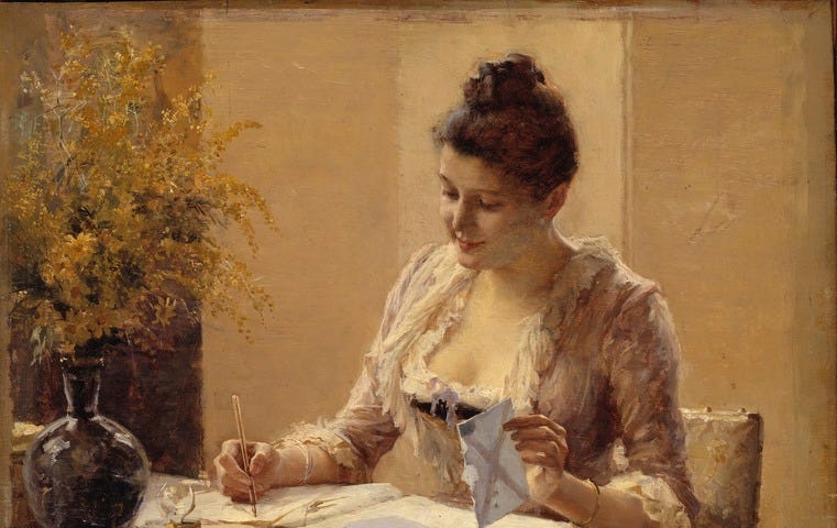 Woman in period dress sitting at a desk, writing.