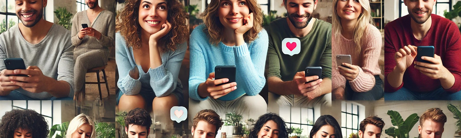 A diverse group of women and men swiping on a dating app, showing varied reactions and emotions, in a casual setting,