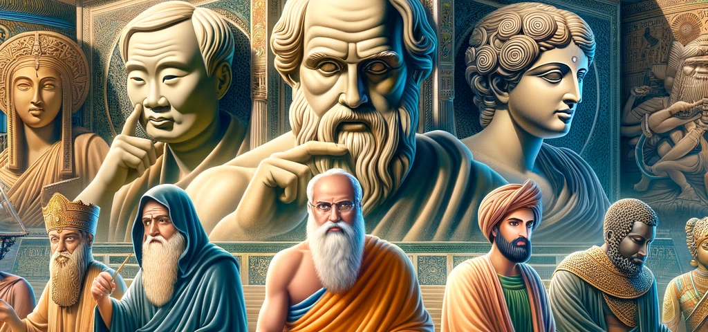 A photo-styled depiction presenting renowned philosophers from different parts of the world, gathered in a harmonious garden setting that blends diverse architectural elements.