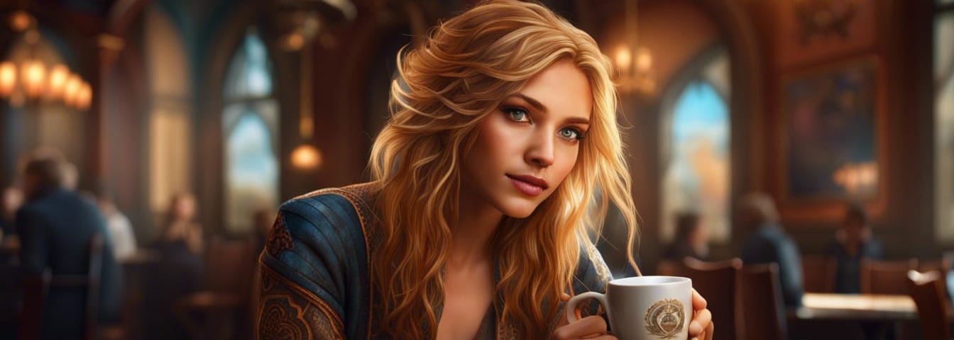 Pretty chestnut-blonde woman smiling with a coffee cup in a coffeeshop.