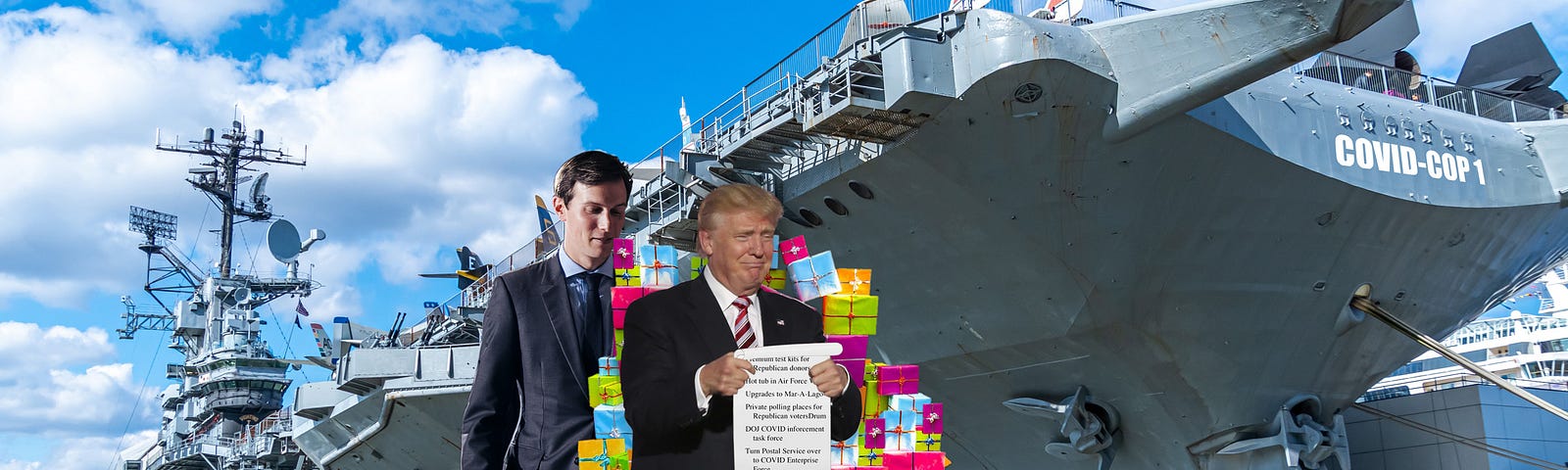 Trump and Jared Kushner with a pile of gifts in front of aircraft carrier