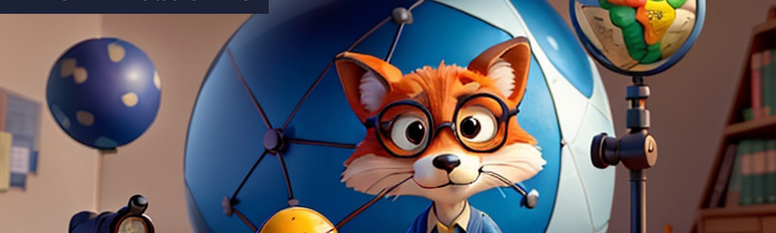 An AI-generated fox in the style of a Pixar 3D animation, wearing a blue shirt, sitting at desk with a large book open in front of him and various different types of globes around him.