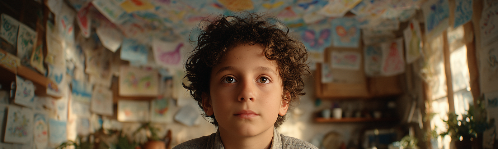 Young boy is surrounded by drawings