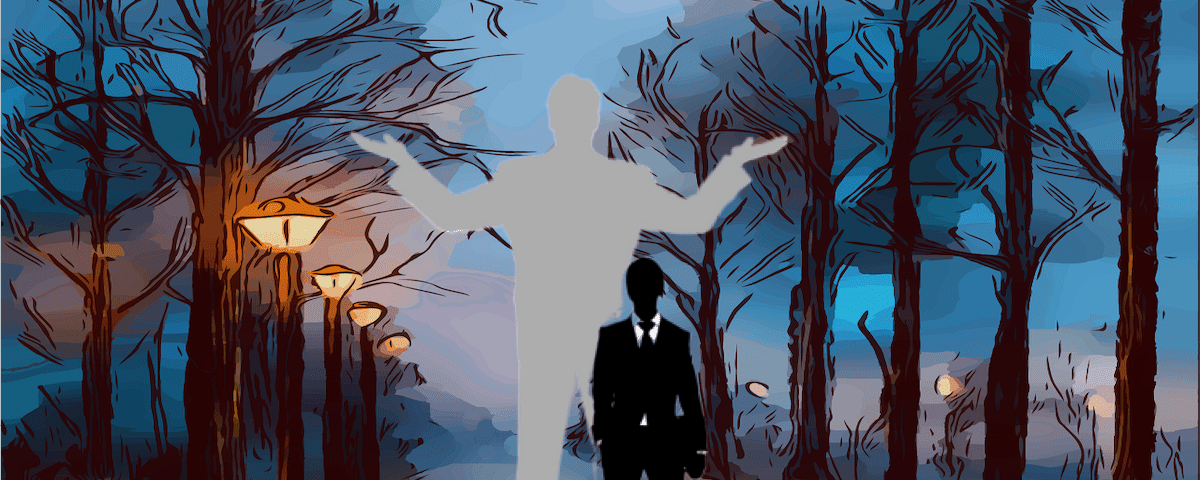 Guy in suit stands on tree-lined paths with streetlights. Behind him is a larger gray shadow, standing upright like a ghost, doing a shrug.