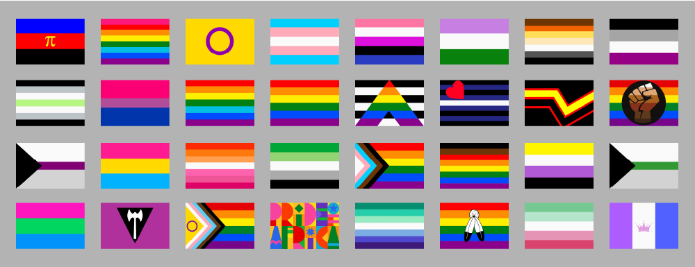 32 different pride flags representing different facets of the LBTQ+ community.