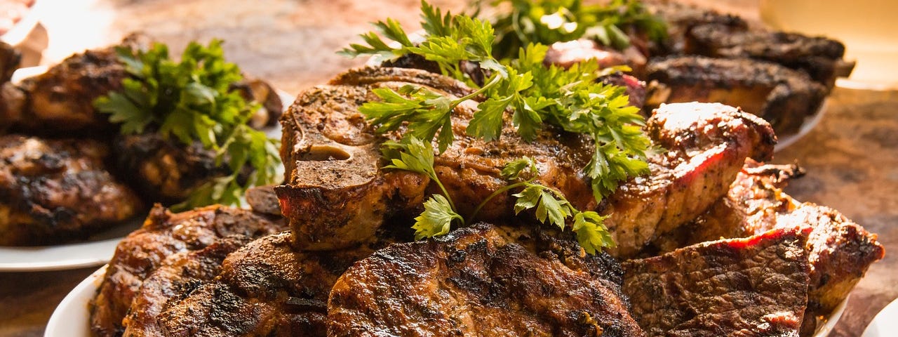 Image of a plateful of steaks iwith no other source of food visible.