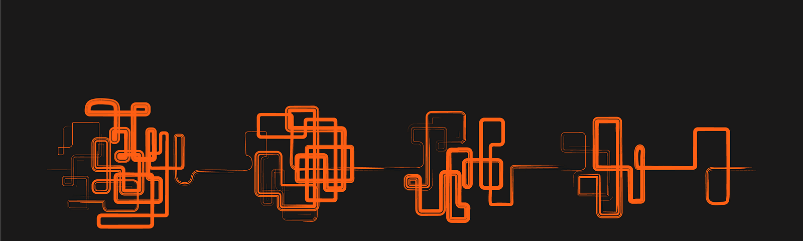 A black background with four orange clusters of lines.