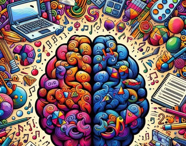 a colorful popart illustration of the human brain with music notes, math formulas, numbers, laptops, paintbrushes, rulers, calculators, yardsticks, pencils and notebooks swirling around the brain. Show left brain and right brain distinctly