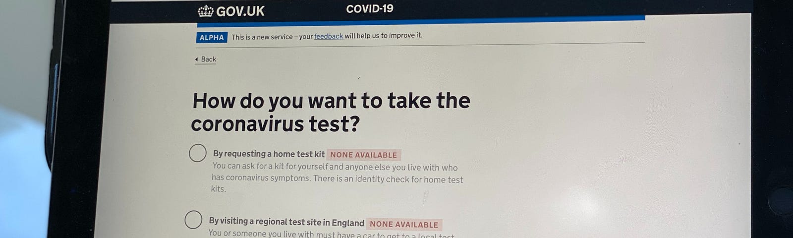 Tablet showing results for How do you want to take the coronavirus test in UK