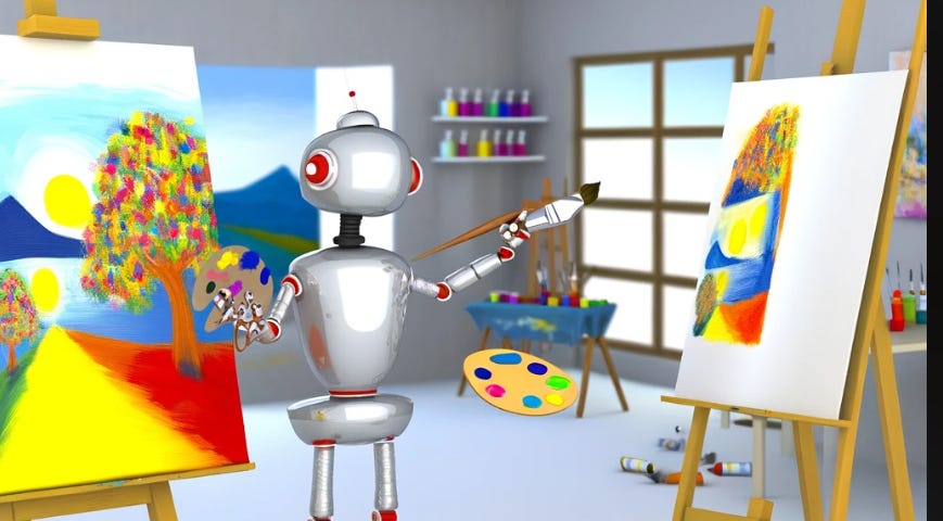 A cartoon of a robot looking at a painting on an easel and starting to copy it onto a blank canvas on another easel. The scene captures the robot in an art studio, focused on reproducing the vibrant artwork with precision.