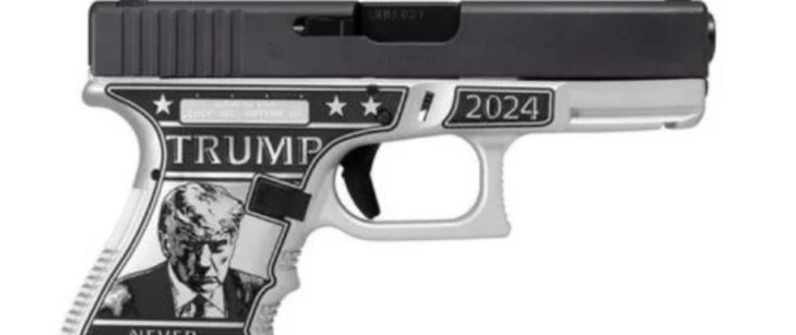 A photo of a handgun with Trump 2024 — Never Surrender on it.