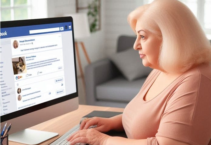 Heavyset, blonde woman in her 60s is sitting at a desk and writing a post to her Facebook account.