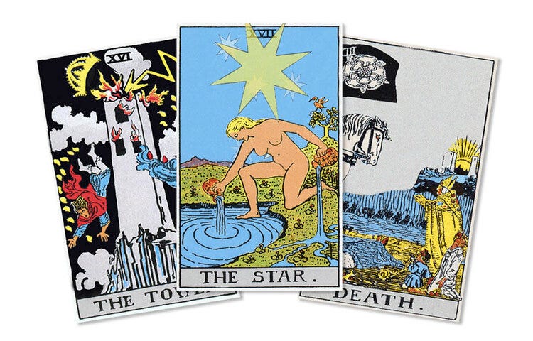 Three tarot cards fanned out. The card to the left is The Tower shows structure crumbling with flames of fire and two figures falling from the tower. The middle card is The Star that shows a nude figure pouring water onto the earth and a small body of water simultaneously. The card to the right shows a white horse with figures that appear dead.