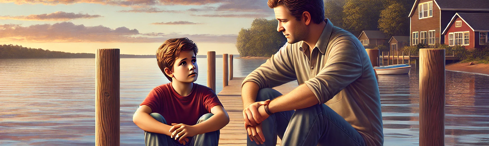The serene moment between Jake and his dad on the dock emphasizes the emotional connection and learning that takes place.