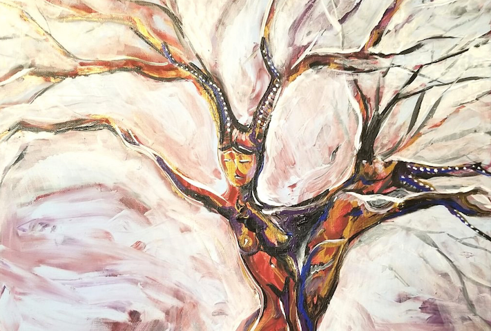 acrylic painting of two bare branched tree dryads by Juliette Jarvis