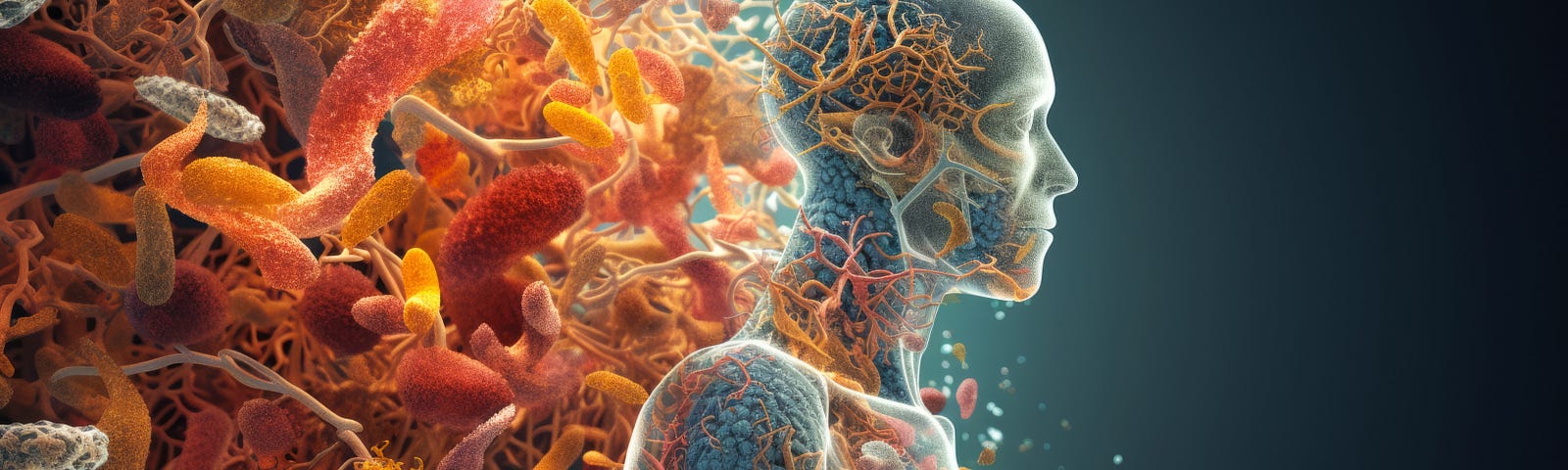 Abstract human microbiome — Close-up of man and microbes viruses, bacteria, fungi, genetic material, and intestinal flora.
