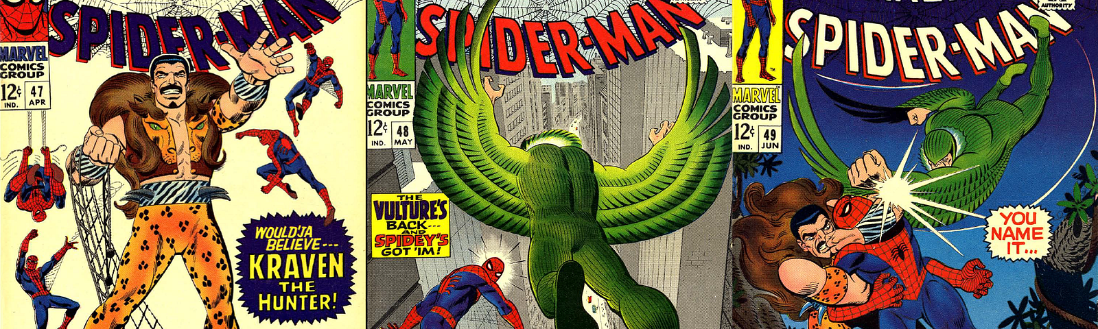 The covers to The Amazing Spider-Man #47–49. Spidey battles Kraven the Hunter and the Vulture.