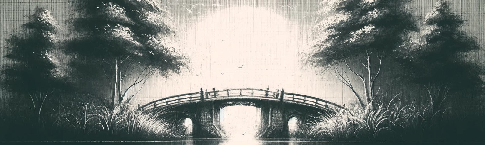 A black and white chalk sketch on a rough textured paper, depicting a serene landscape, including a river flowing gently, with a bridge spanning across it. The bridge is slightly worn, trees with lightly sketched leaves line the riverbank.