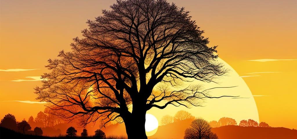 Silhouette of a large, leafless tree set in front of a beautiful Autumn sunset, all reflected in a quiet lake.