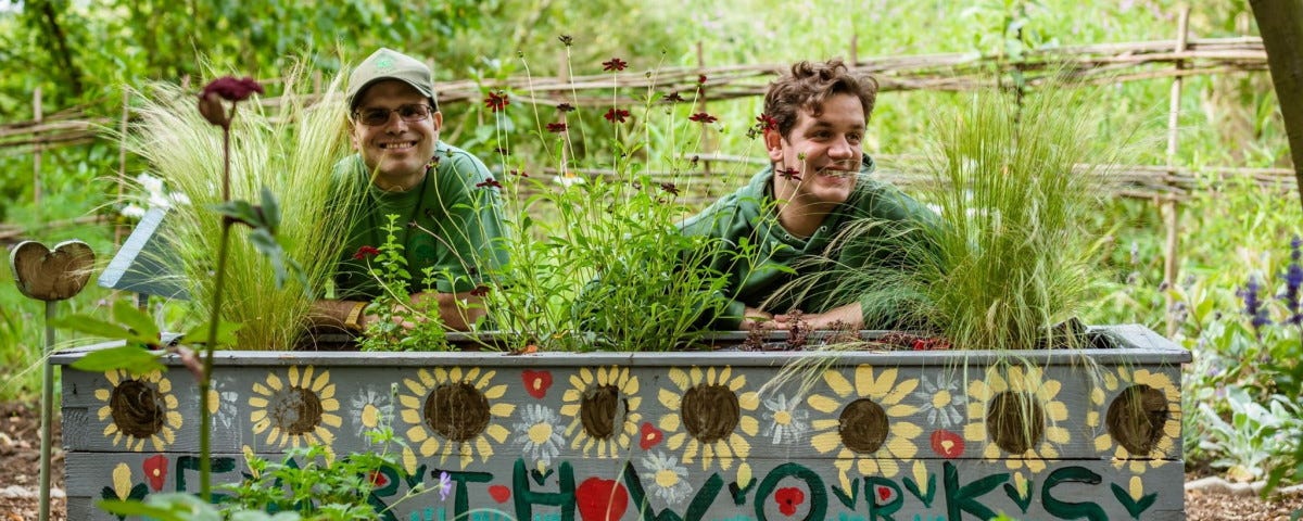 Two white men from Earthworks, wearing green tshirts and leaning over a sign that says ‘Earthworks’ with sunflowers painted on it. One man is wearing a green cap. They are surrounded by lots of green plants.