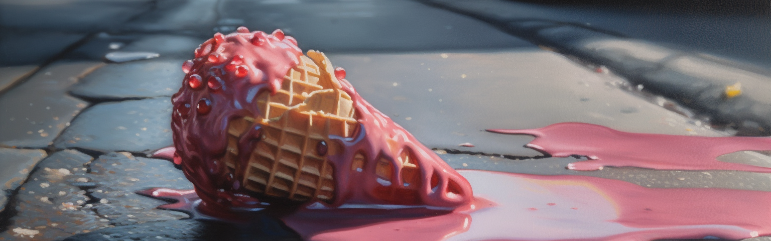 an oil painting of a strawberry ice cream cone melting on the sidewalk