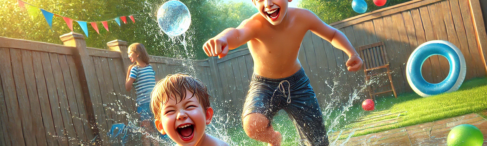 The spirited water balloon fight between Max and Timmy illustrates the spontaneous laughter and joy that defines their summer day.