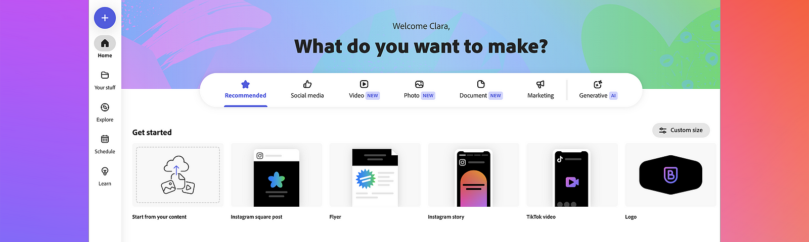 A screenshot of the web landing page of Adobe Express with the headline “Welcome Ciara, What do you want to make?