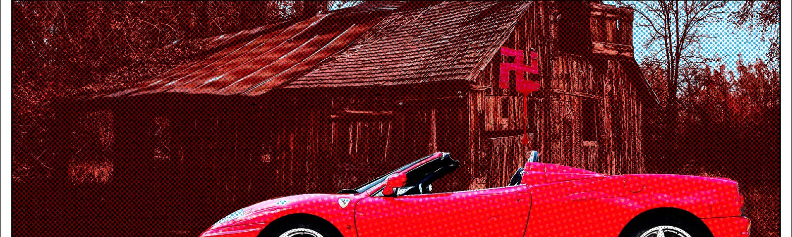 Sports car in front of abandoned farm house with swastika painted.