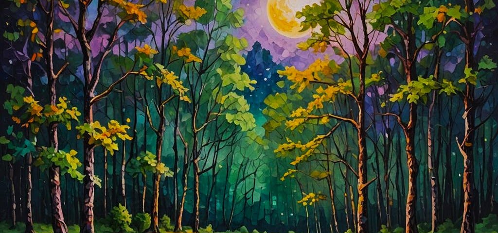 colorful graphic illustration in golds, purples, and greens of a summer moon beaming onto a winding forest river