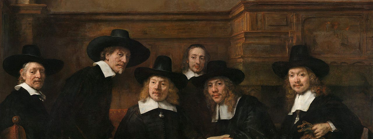Rembrandt’s 1662 painting portrays members of a Dutch drapers’ guild, watched over by a servant