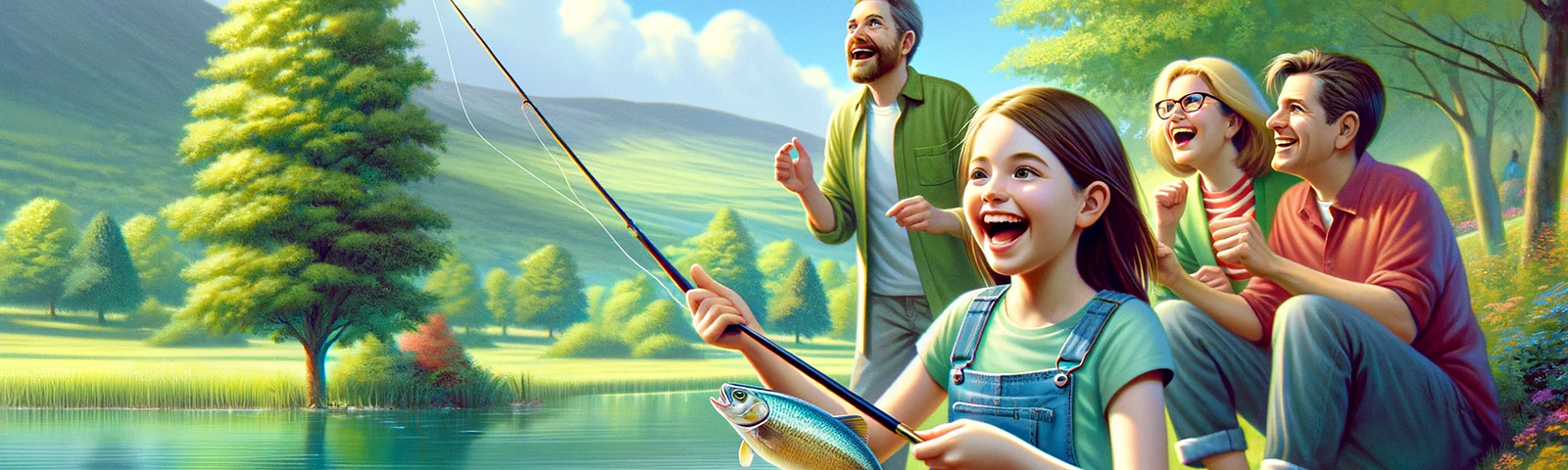 This image shows Mia and her parents enjoying a digital-detox nature hike, during which Mia experiences the joy of catching a fish.