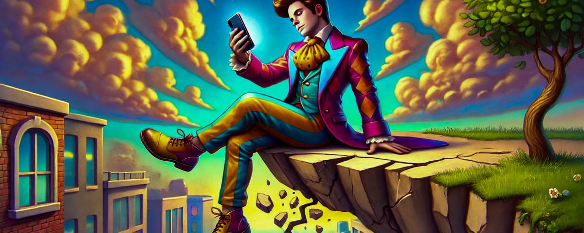 A cartoon image of a flamboyantly dressed man sitting on a crumbling wall looking at his phone