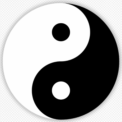 The yin and yang symbol, best described as one large circle divided in half, with a line down from top to bottom drawn from the top peak in a semi-circular manner through the circle’s center, continuing on and back in semi-circular manner to the lower bottom tangent point. The right ‘falling teardrop’ created is all black; left side is all white. Two smaller circles divide the diameter straight up and down: upper black at the mid third; lower white at its mid third.