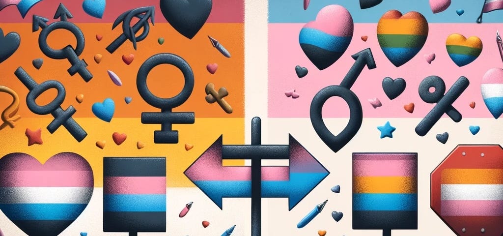 An image depicting two similar groups with opposing views — each has variations on the trans pride flag, gender symbols and other queer-aligned imagery.